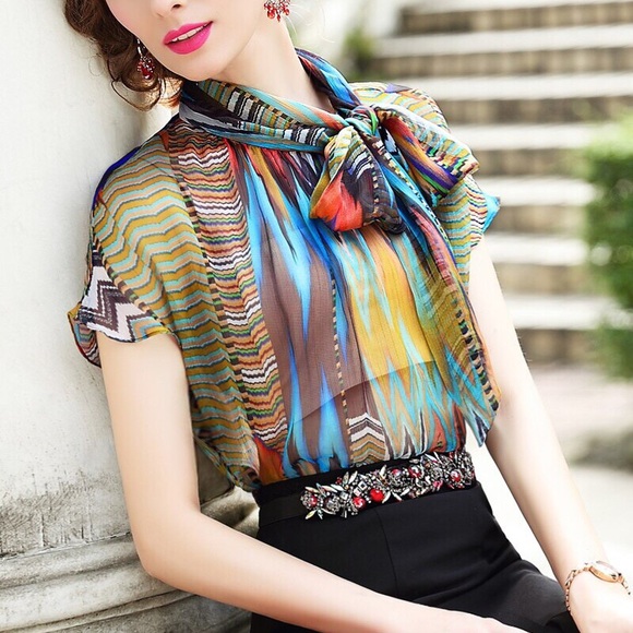 Multi-Coloured Chiffon Bow Tie Blouse - Picture 1 of 4